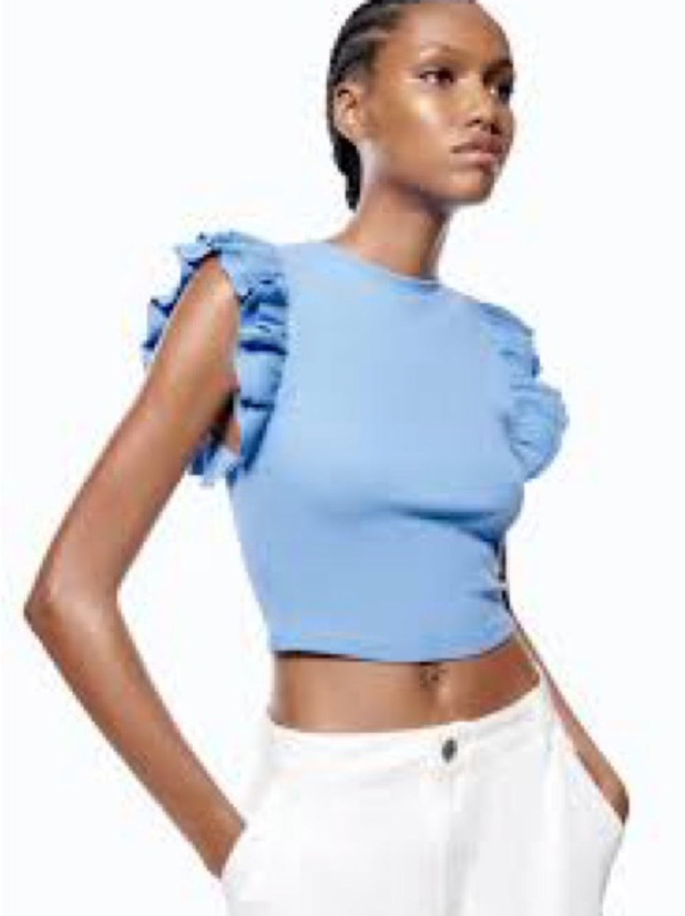 Zara Baby Blue Ribbed Ruffle Flutter Sleeve Crop Top - Size S